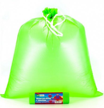 Пакеты мусорные с завязками 60 л, 18 мкм, 10 штук, ПНД, зеленые серия VIP - Вид 2